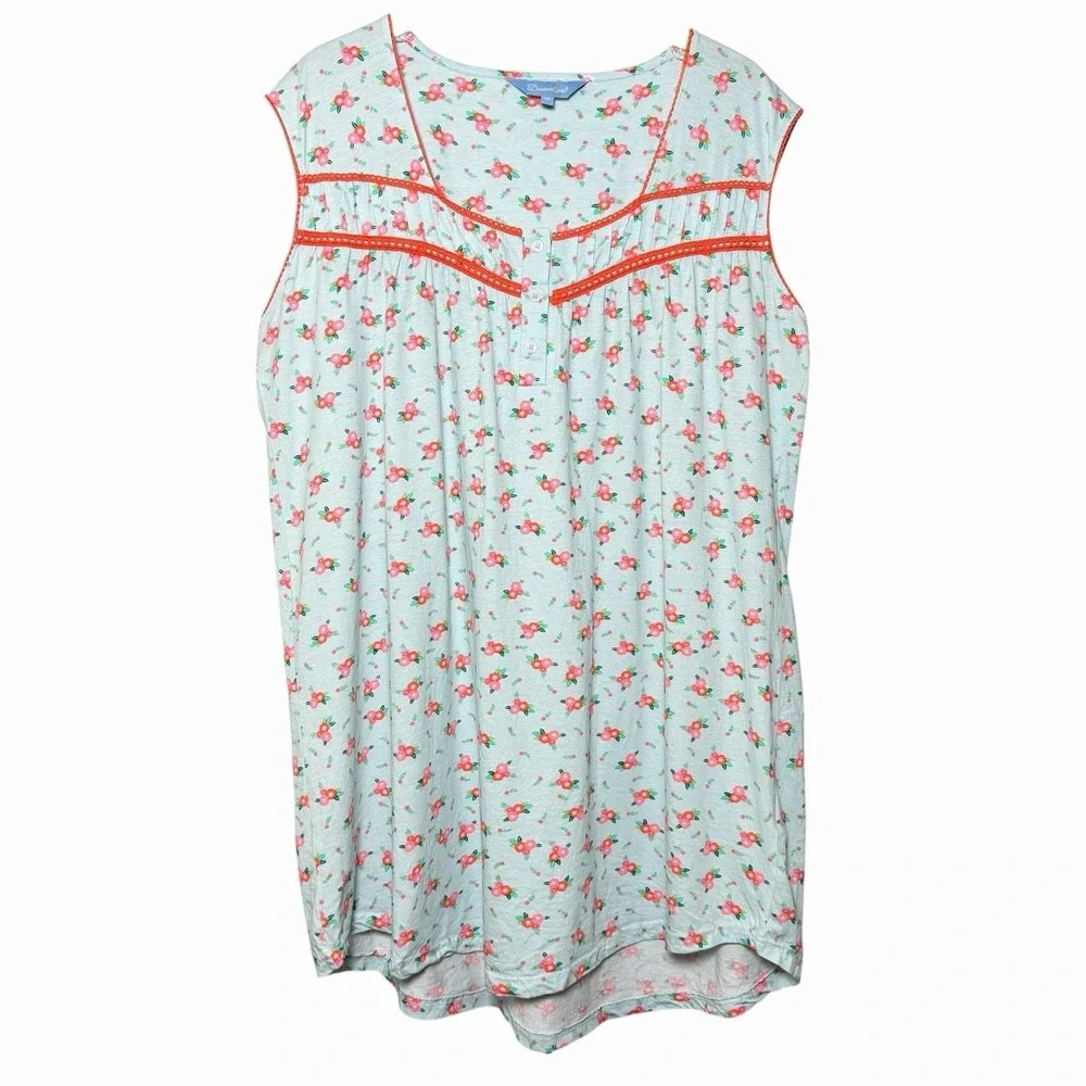 Dream Crest Womens Floral Nightgown 1X 100% Cotton Cottagecore Lounge‎ Cozy